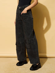 Women Black Wash Multi Pocket Stretch Straight Jeans