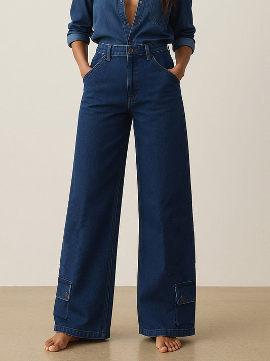 Women Blue Washed Hem Pocket Stretch Straight Jeans