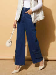 Women Blue Washed Hem Pocket Stretch Straight Jeans