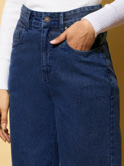 Women Blue Washed Hem Pocket Stretch Straight Jeans