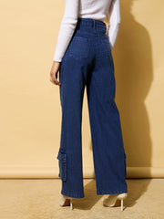 Women Blue Washed Hem Pocket Stretch Straight Jeans