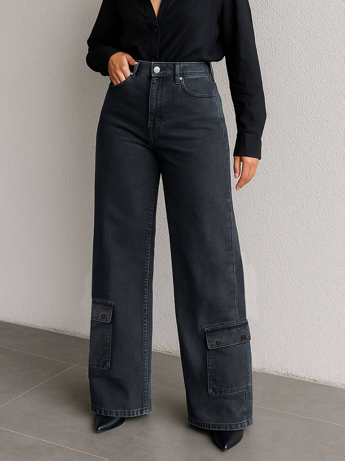Women Black Washed Hem Pocket Stretch Straight Jeans