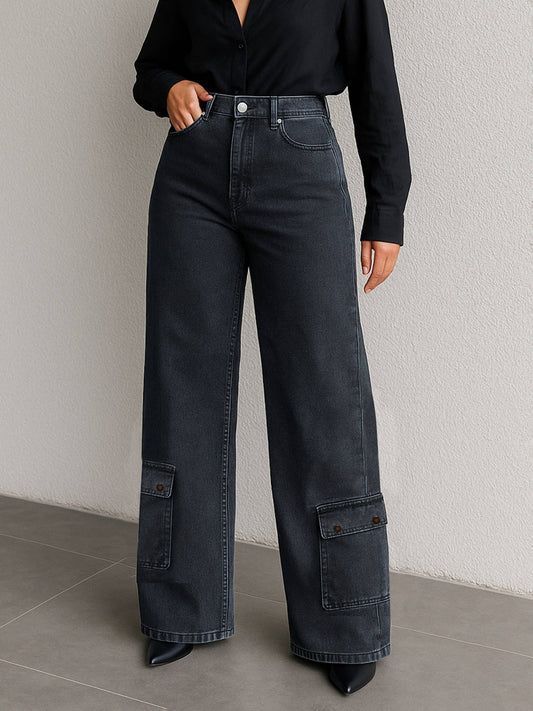 Women Black Washed Hem Pocket Stretch Straight Jeans