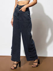 Women Black Washed Hem Pocket Stretch Straight Jeans