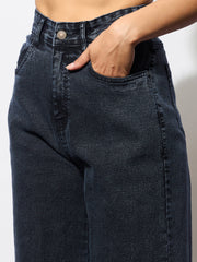 Women Black Washed Hem Pocket Stretch Straight Jeans