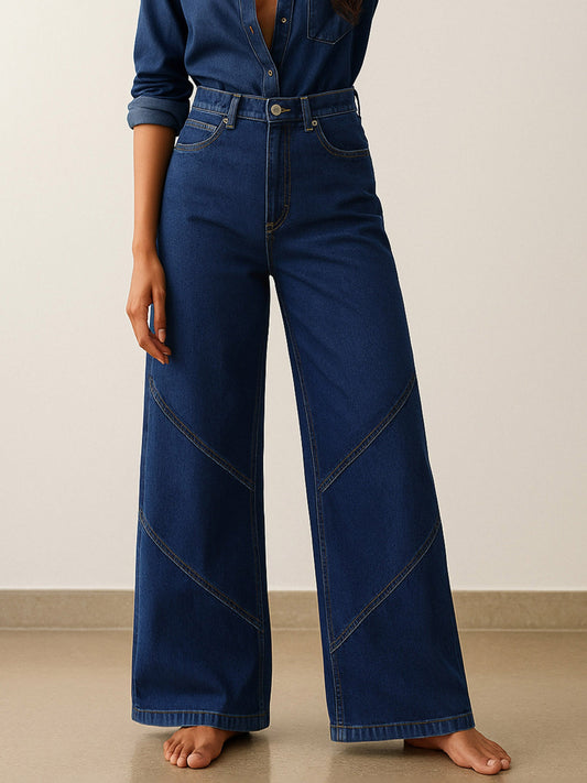 Women Navy High-Rise Stitch Detail Straight Jeans