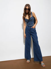 Women Navy High-Rise Stitch Detail Straight Jeans