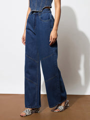 Women Navy High-Rise Stitch Detail Straight Jeans