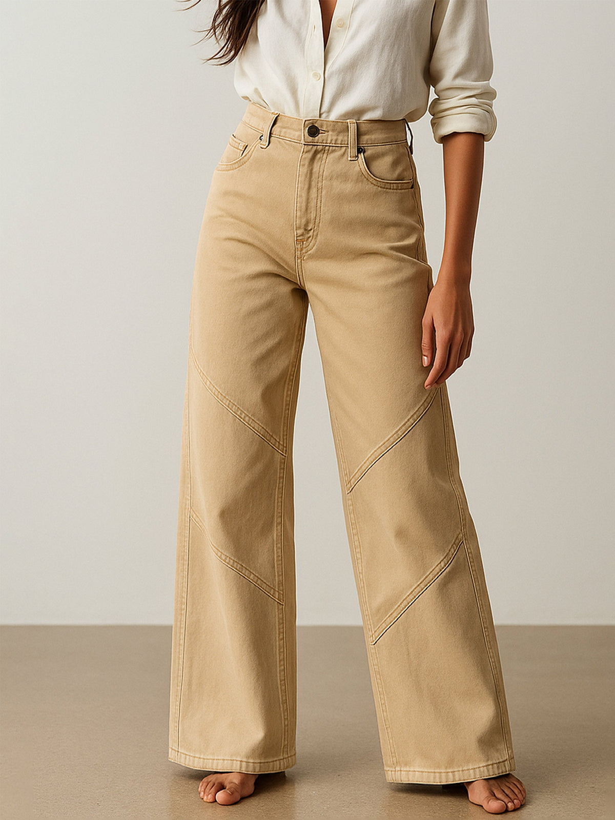 Women Beige High-Rise Stitch Detail Straight Jeans