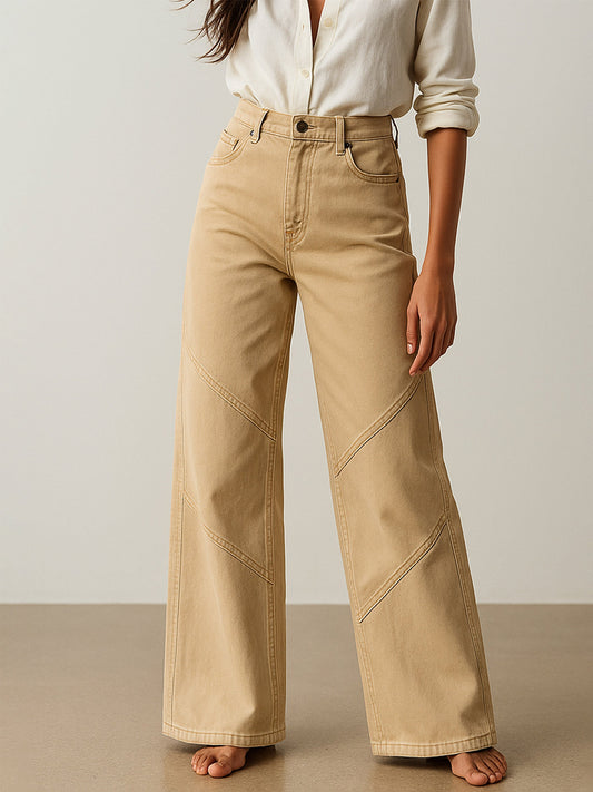 Women Beige High-Rise Stitch Detail Straight Jeans