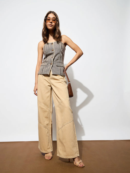 Women Beige High-Rise Stitch Detail Straight Jeans