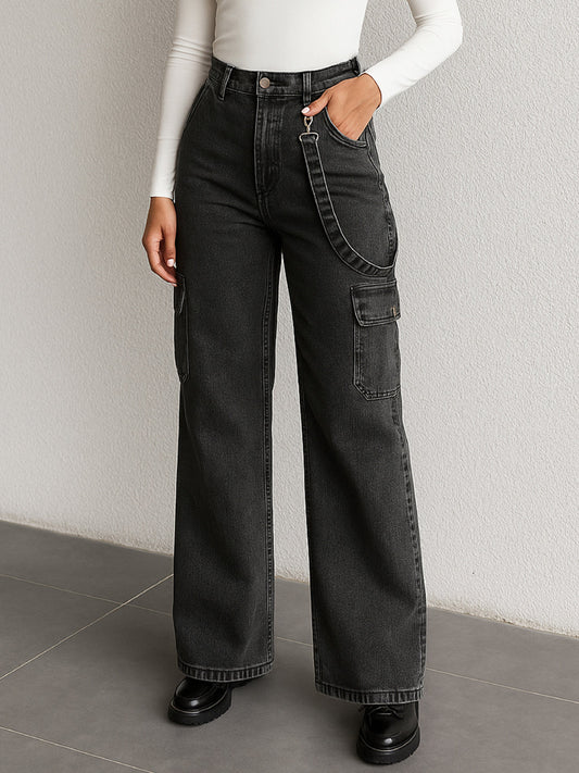 Women Black Washed Denim Side Pockets Loop Jeans
