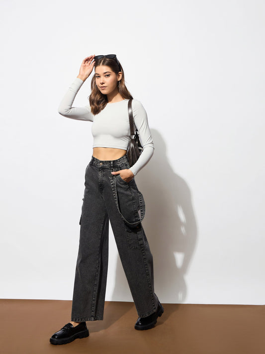 Women Black Washed Denim Side Pockets Loop Jeans