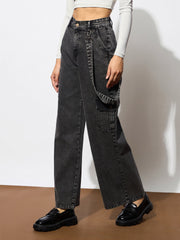 Women Black Washed Denim Side Pockets Loop Jeans