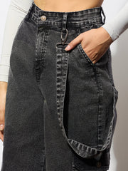 Women Black Washed Denim Side Pockets Loop Jeans