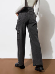 Women Black Washed Denim Side Pockets Loop Jeans