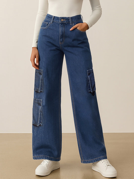Women Blue Box Pocket Straight Cargo Jeans