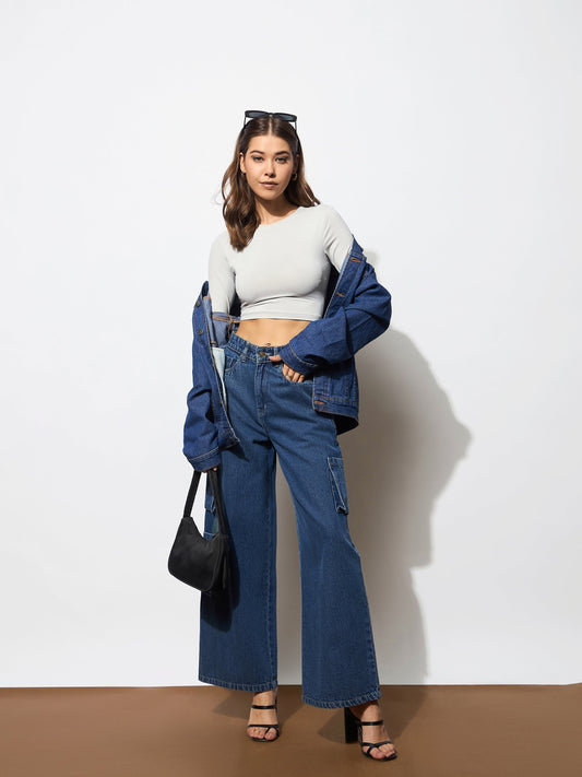 Women Blue Box Pocket Straight Cargo Jeans