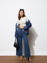 Women Blue Box Pocket Straight Cargo Jeans