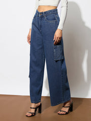 Women Blue Box Pocket Straight Cargo Jeans