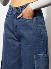 Women Blue Box Pocket Straight Cargo Jeans