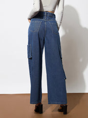 Women Blue Box Pocket Straight Cargo Jeans