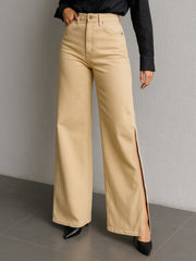Women Beige Side Slit Wide Leg Jeans