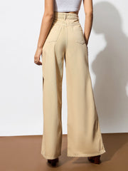 Women Beige Side Slit Wide Leg Jeans