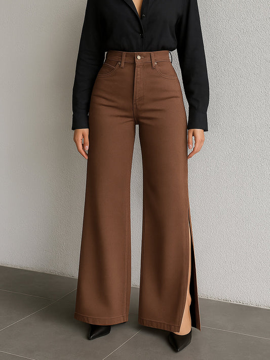Women Brown Side Slit Wide Leg Jeans