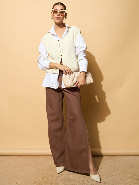 Women Brown Side Slit Wide Leg Jeans