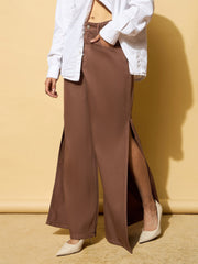 Women Brown Side Slit Wide Leg Jeans