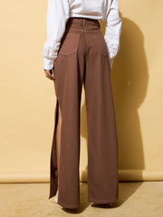 Women Brown Side Slit Wide Leg Jeans