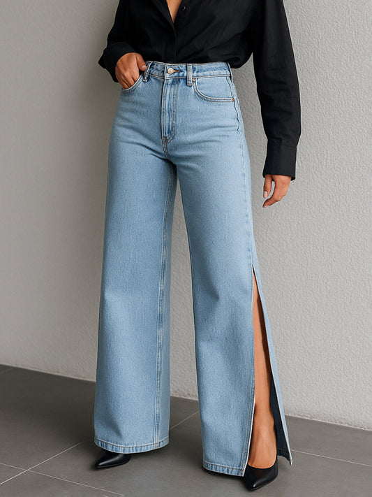 Women Blue Side Slit Wide Leg Jeans