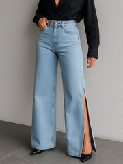Women Blue Side Slit Wide Leg Jeans