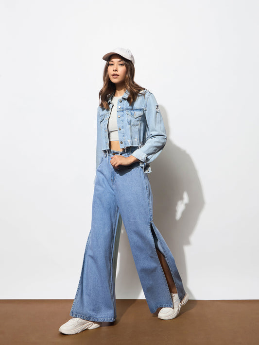 Women Blue Side Slit Wide Leg Jeans