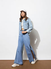 Women Blue Side Slit Wide Leg Jeans