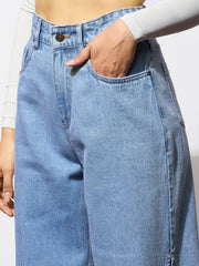 Women Blue Side Slit Wide Leg Jeans