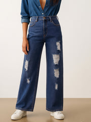 Women Blue Blast Heavy Distressed Straight Frayed Jeans