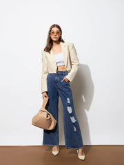 Women Blue Blast Heavy Distressed Straight Frayed Jeans