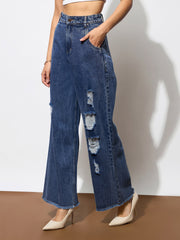 Women Blue Blast Heavy Distressed Straight Frayed Jeans