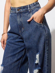 Women Blue Blast Heavy Distressed Straight Frayed Jeans