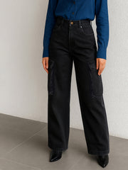 Women Black Washed Box Pockets Cargo Jeans