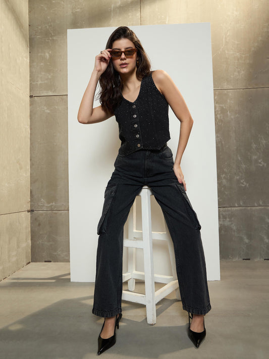 Women Black Washed Box Pockets Cargo Jeans