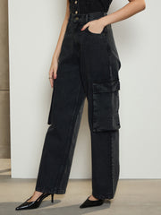 Women Black Washed Box Pockets Cargo Jeans
