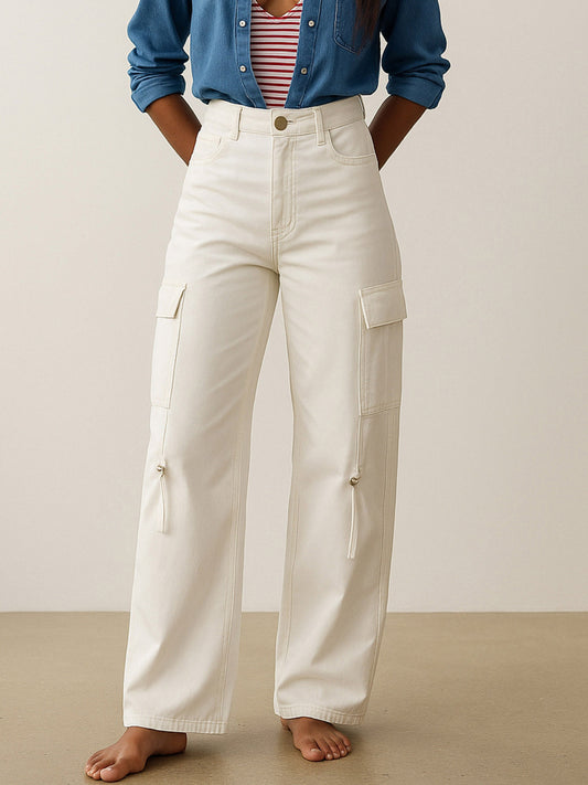 Women White Twill Cargo Jeans With Looped Straps