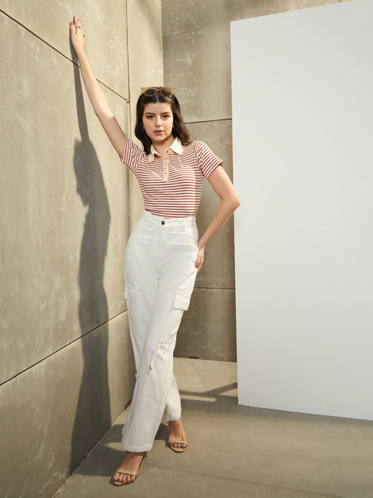 Women White Twill Cargo Jeans With Looped Straps