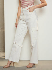 Women White Twill Cargo Jeans With Looped Straps
