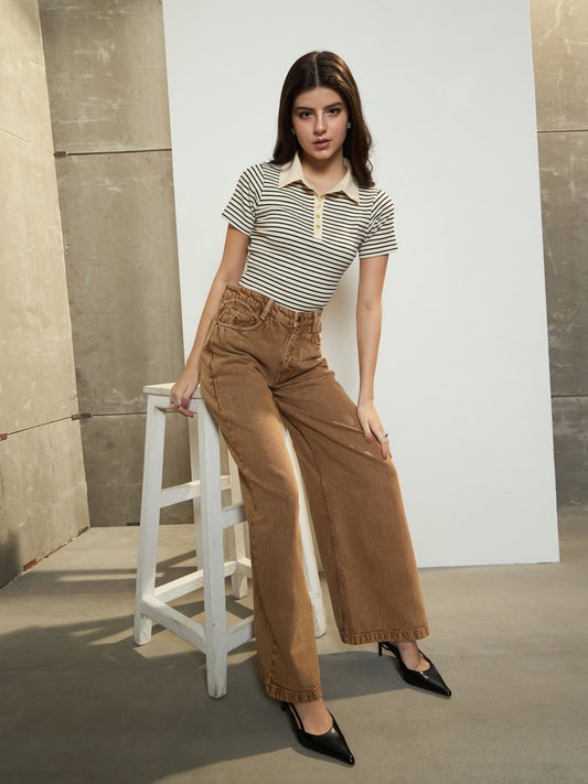 Women Brown Low Waist Wide Leg Jeans