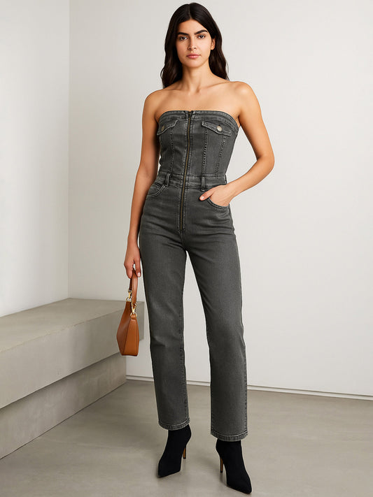 Women Grey Denim Off-Shoulder Flap Jumpsuit