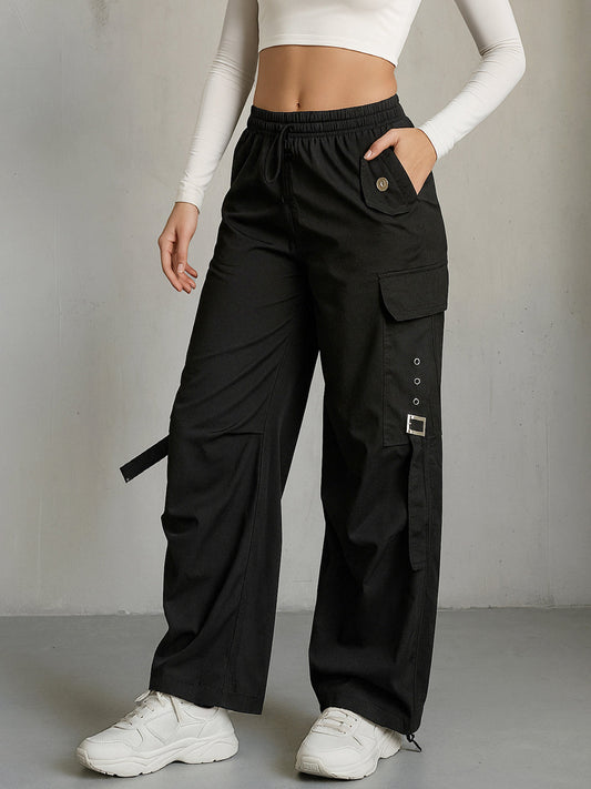Women Black Parachute Side Metal Buckle Detail Cargos